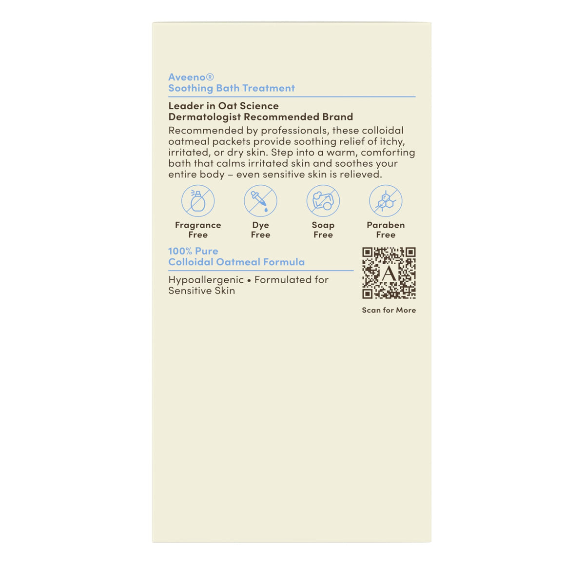 Close up of the fragrance free hypoallergenic label on Aveeno soothing bath treatment box