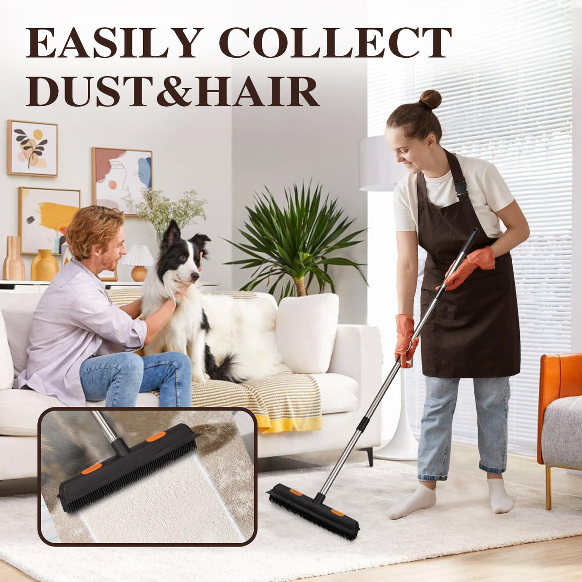 Adjustable forty-nine inch stainless steel handle sections of the pet hair broom.