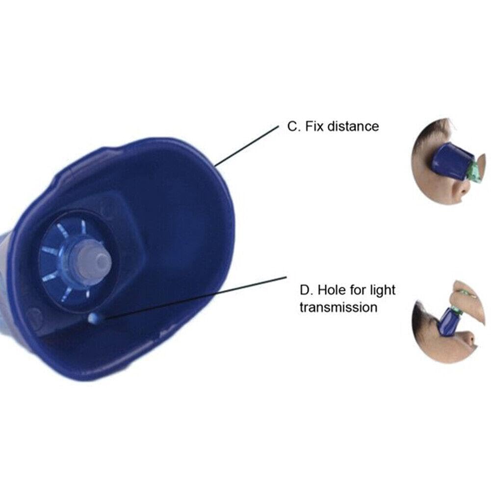 Tbest blue eye drop device close up emphasizing safe corneal distance