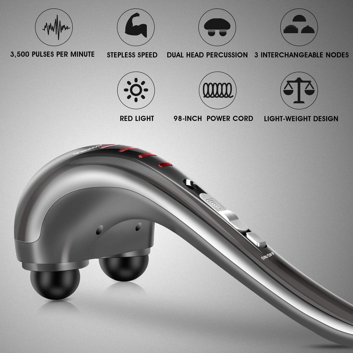 Hangsun dual head percussion massager close up of the variable speed control dial.