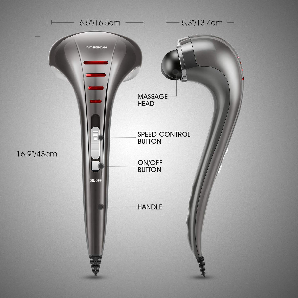 Hangsun corded full body massager highlighting the extra long ninety eight inch power cable.