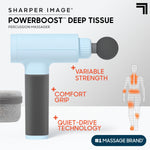 Sharper Image handheld massager showing the ergonomic rubber grip handle and power button layout