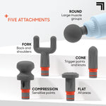 Sharper Image percussion gun with five interchangeable massage head attachments neatly arranged