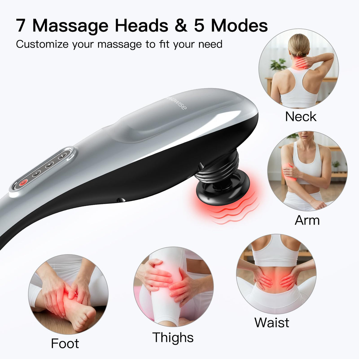 MEGAWISE percussive body massager displaying the curved one hundred and twenty degree handle design
