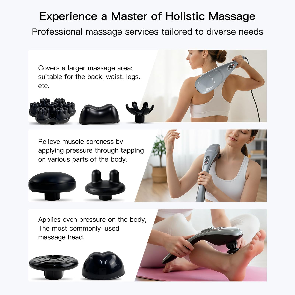 MEGAWISE electric neck and back massager with all seven interchangeable plastic and silicone nodes arranged neatly