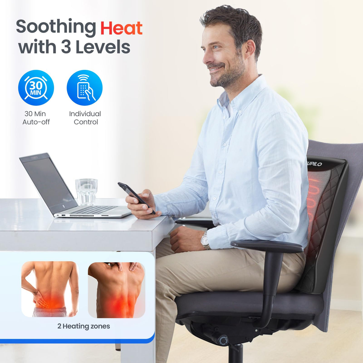 The control button panel on the CuPiLo neck massager illustrating how to change vibration modes.