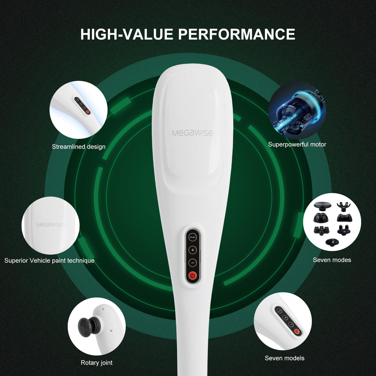 MEGAWISE handheld body massager being applied to the shoulder muscle for tension relief.