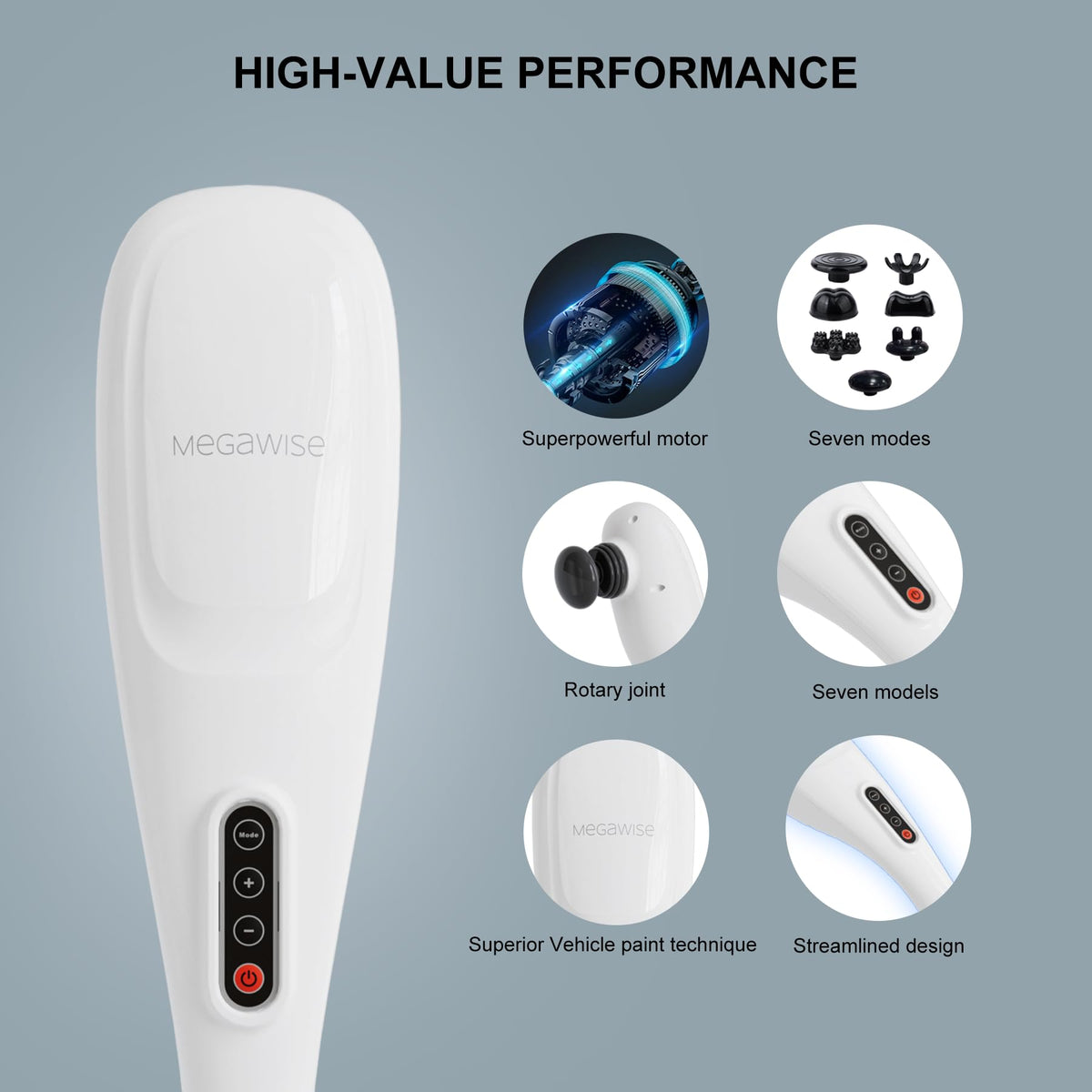 MEGAWISE back massager angled side view illustrating the contoured comfortable handle grip.