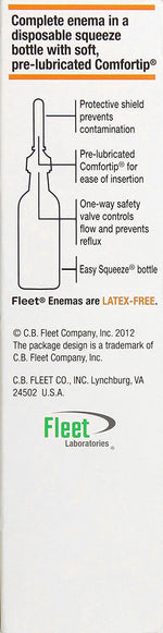 Side view of Fleet disposable squeeze bottle for gentle bowel movement