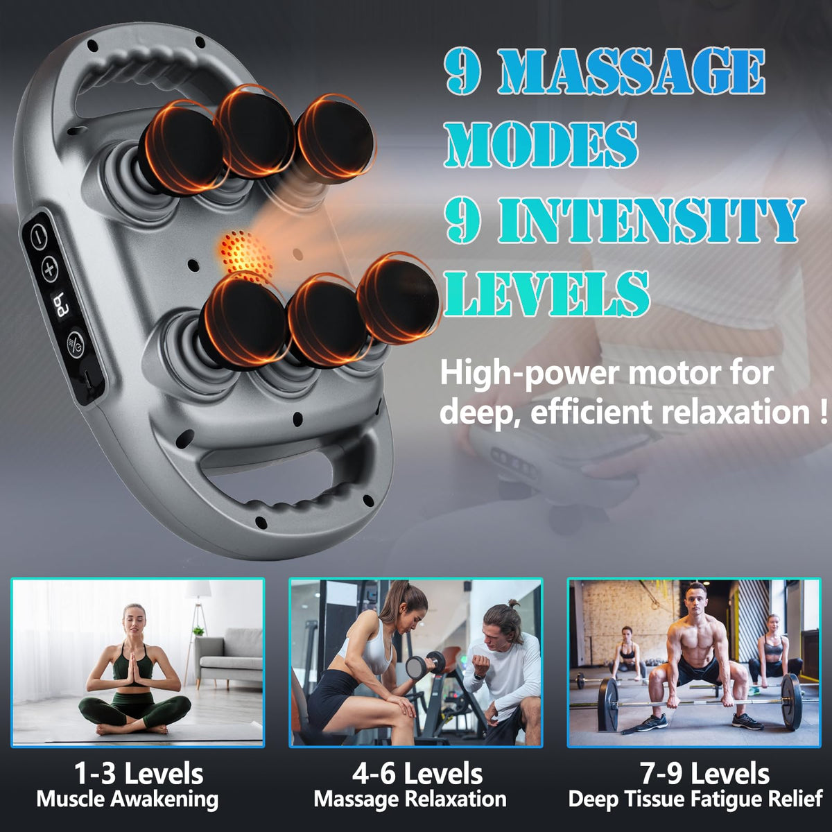UFFAE electric muscle massager close up highlighting the digital control panel for modes and speed levels