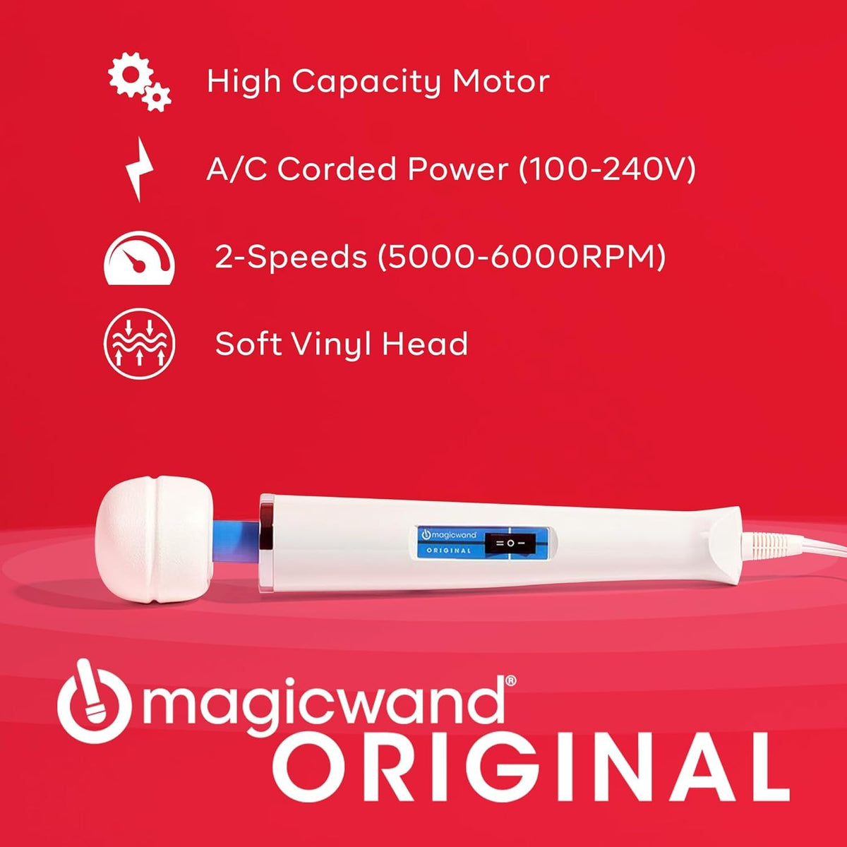 Close up view of the Magic Wand Original massager two speed power switch and six foot cord.