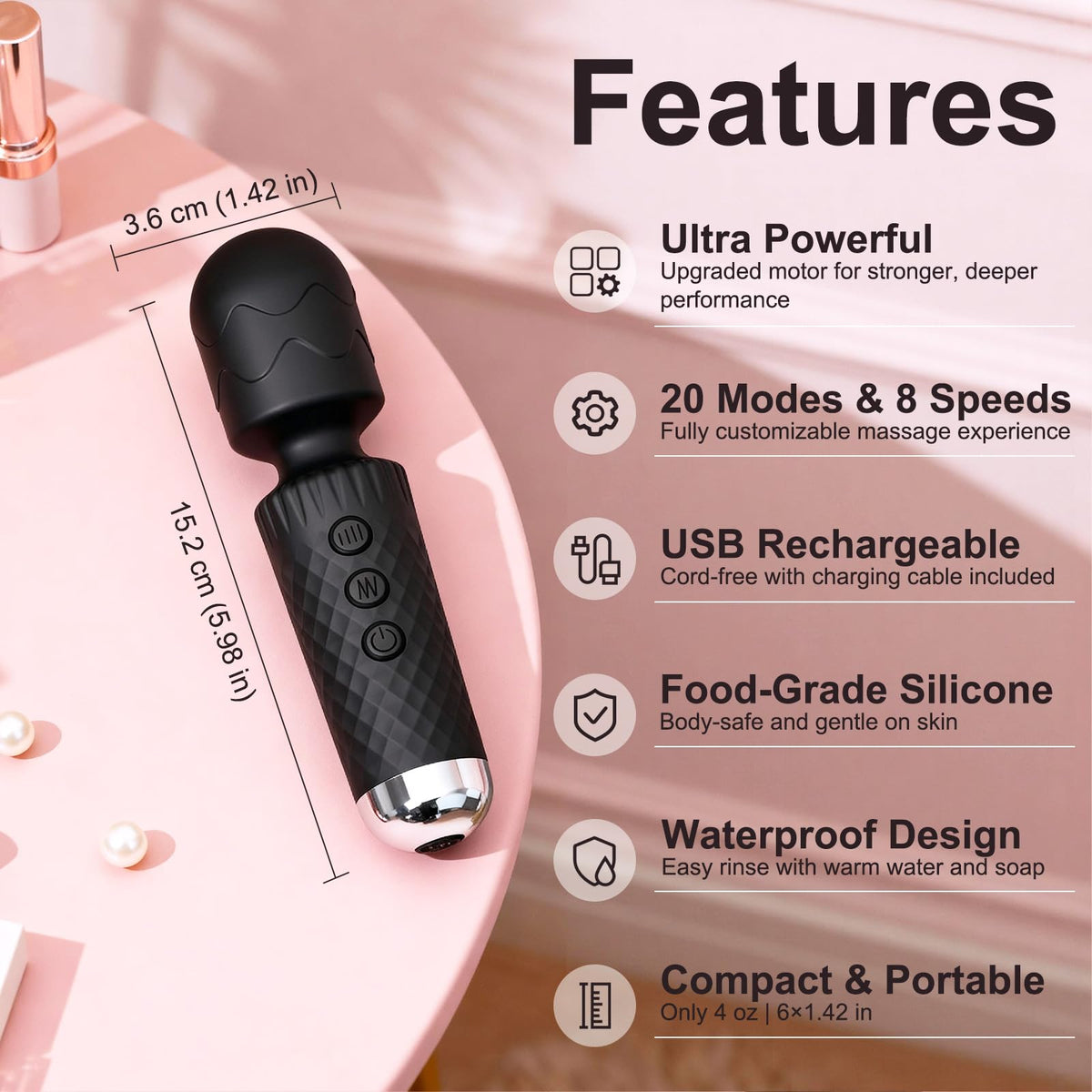 Generic Upgraded Handheld Rose Black Mini Massager texture and grip detail