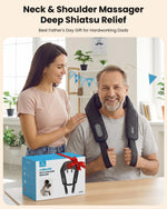 Side profile of the ergonomic shoulder massager showing the built in control panel buttons