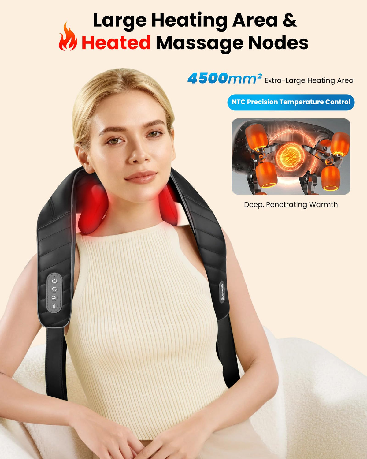 Infrared heating elements glowing on the shiatsu nodes to demonstrate warmth therapy