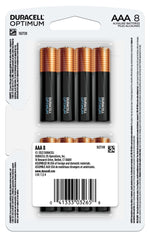 Close up of Duracell Optimum AAA battery packaging