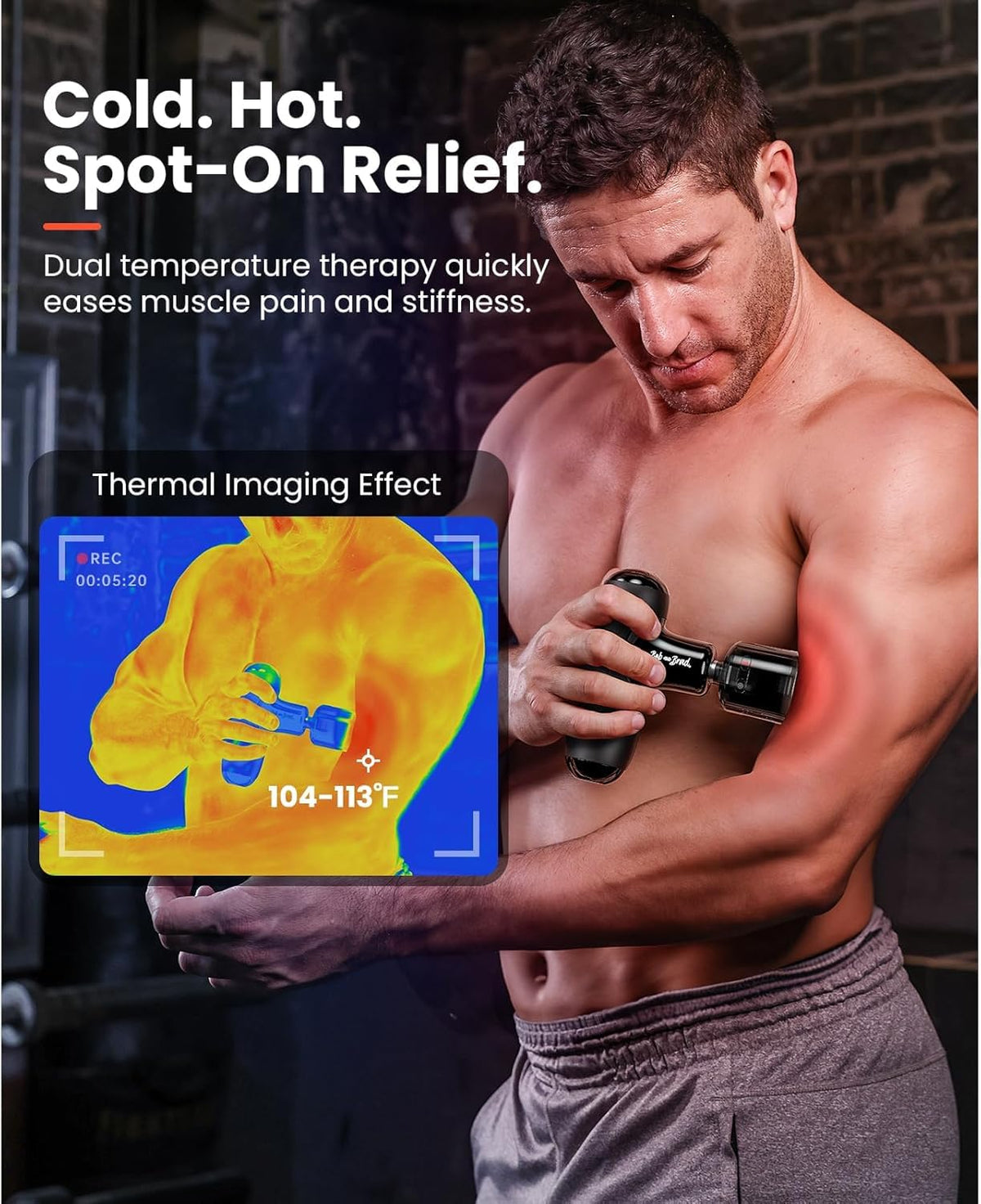 Bob and Brad percussion massager gun displaying the specialized thermal heat and cold attachment head