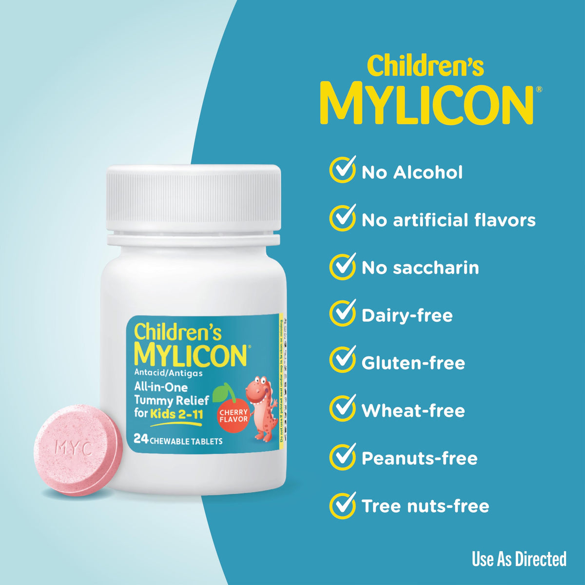MYLICON children's anti gas chewable tablets showing dosage instructions for ages 2 to 11