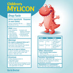 Side panel of MYLICON children's stomach ache relief tablets highlighting simethicone ingredients