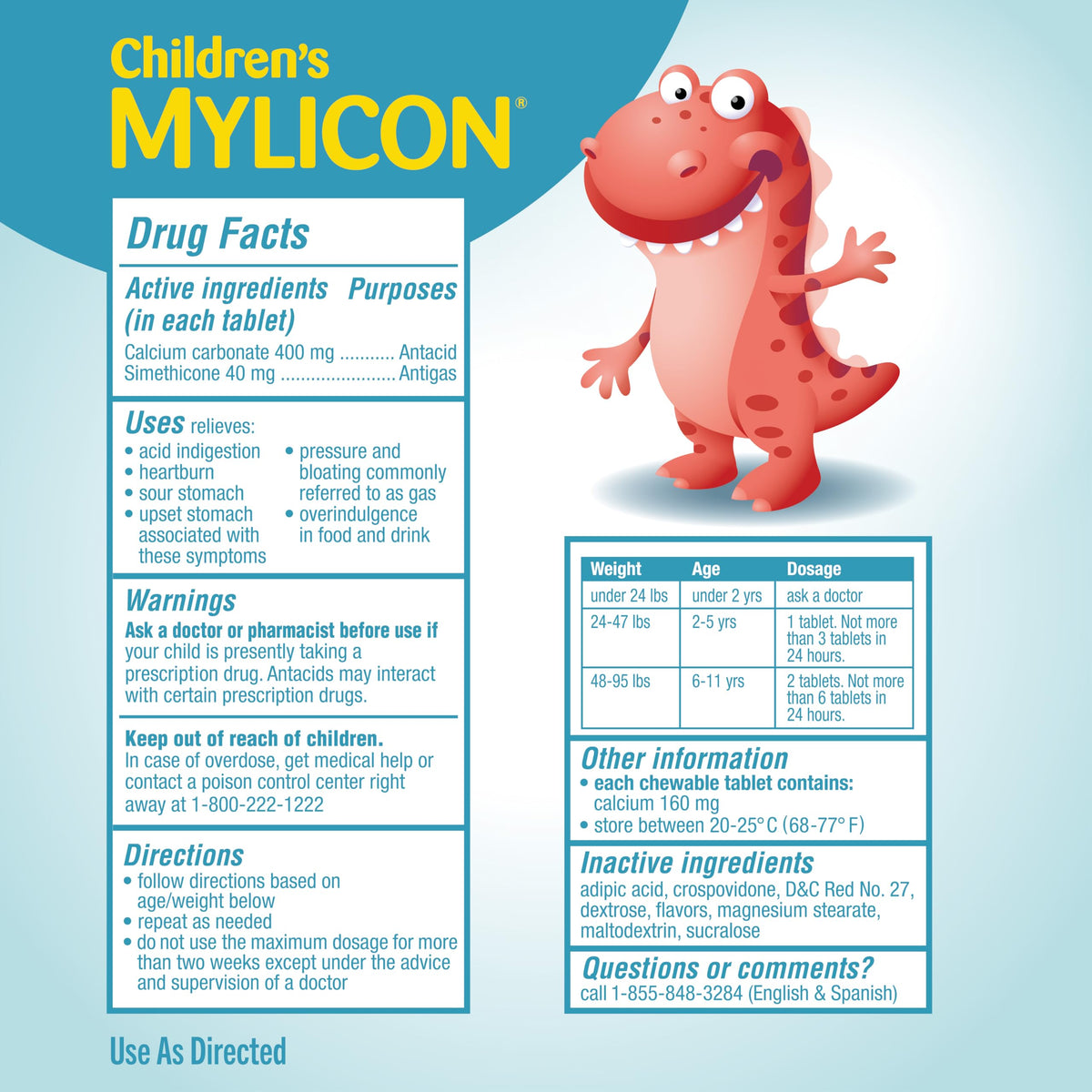 Side panel of MYLICON children's stomach ache relief tablets highlighting simethicone ingredients