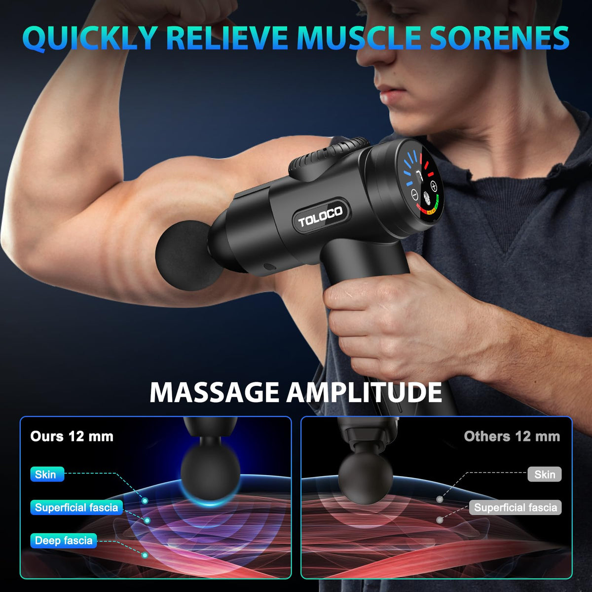 TOLOCO athletic percussion device showcasing the battery level indicator screen