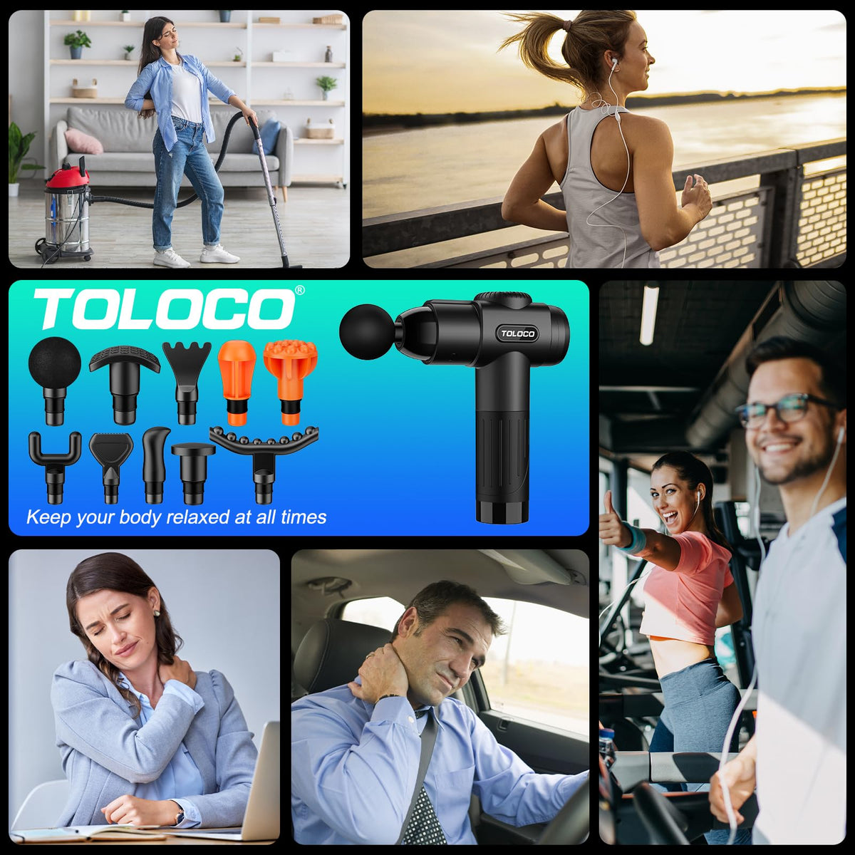 TOLOCO fitness massager being adjusted via the smart touch screen interface