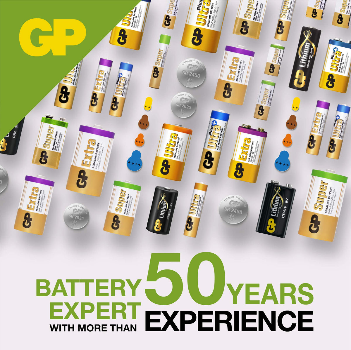 Back side of the GP alkaline battery packaging detailing technical size specifications and dimensions