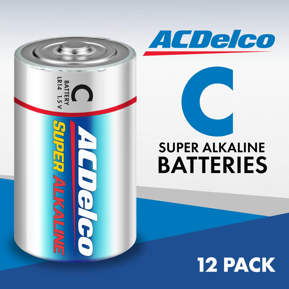 ACDelco C cell 1.5V batteries 12-pack showing leak-resistant stainless steel pre-coating details