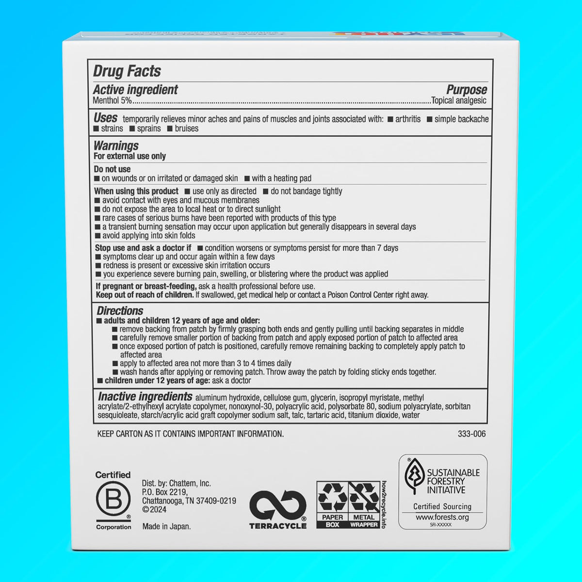 Icy Hot fabric pain relief patches in medium and large sizes displayed next to the box showing flexible texture