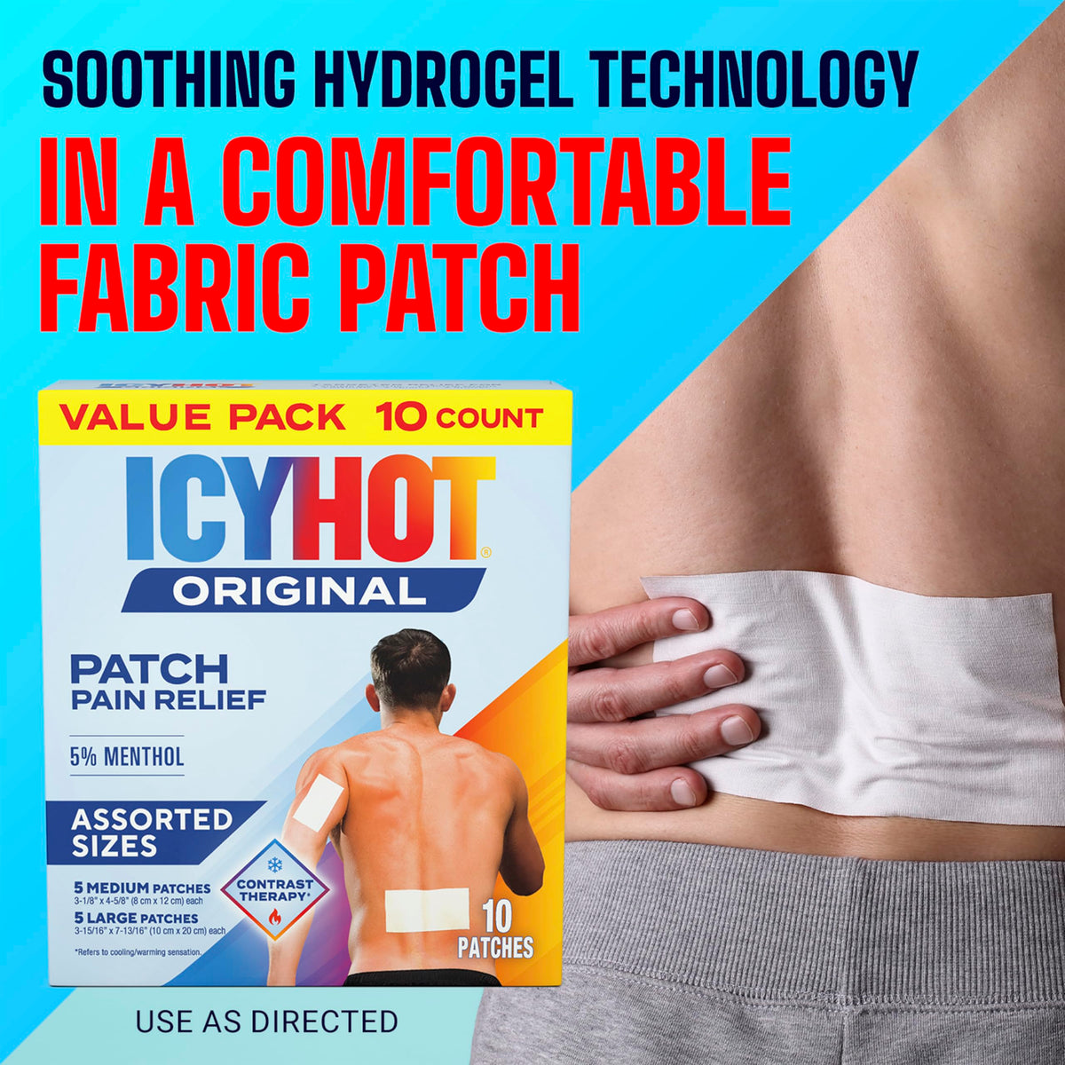 A demonstration of the flexible adhesive backing on the Icy Hot original medicated joint and muscle patch