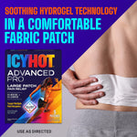 Icy Hot Advanced PRO patch box display illustrating contrast cooling and warming sensation benefits