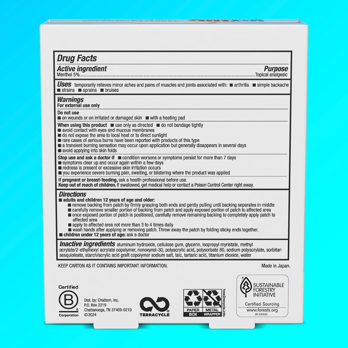 Icy Hot Original Large Pain Relief Patches side view showing box specifications