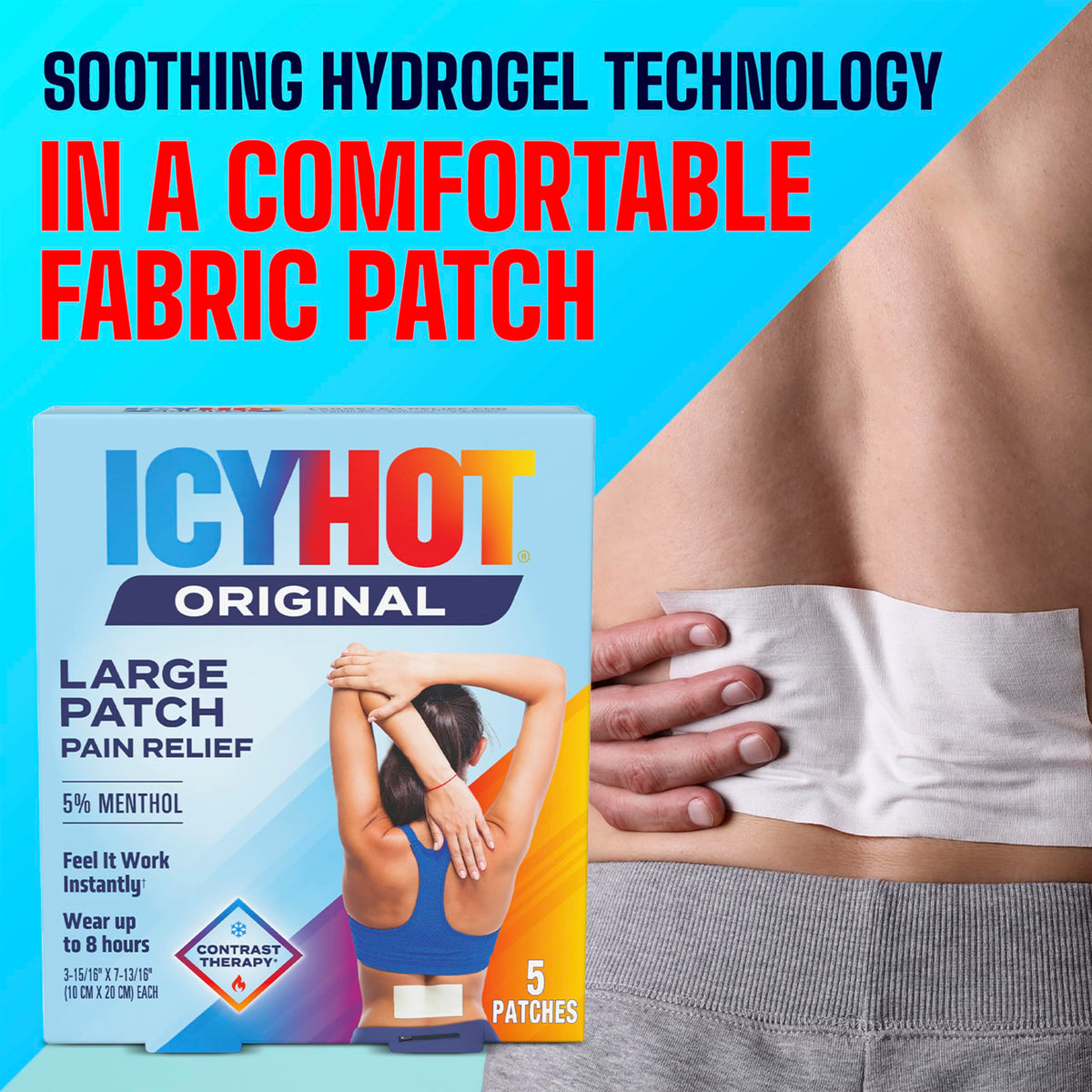 Icy Hot large original formula pain relief patch back label with usage instructions