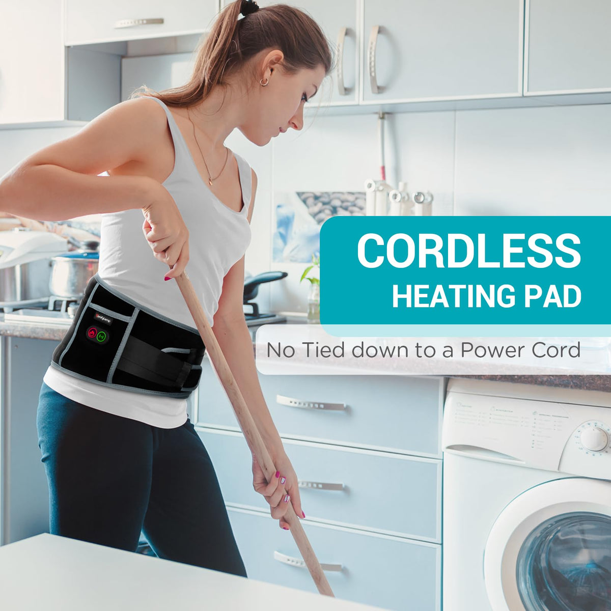 Comfytemp wireless back warmer illustrating the dual adjustable straps extended for universal fitting.