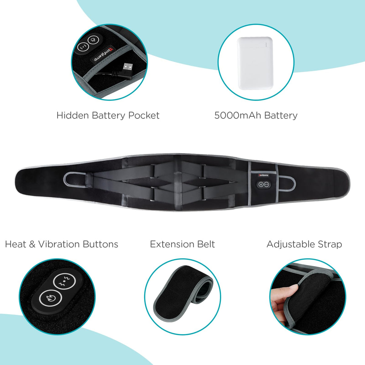Comfytemp heating pad packaging box demonstrating the complete cordless massager contents.