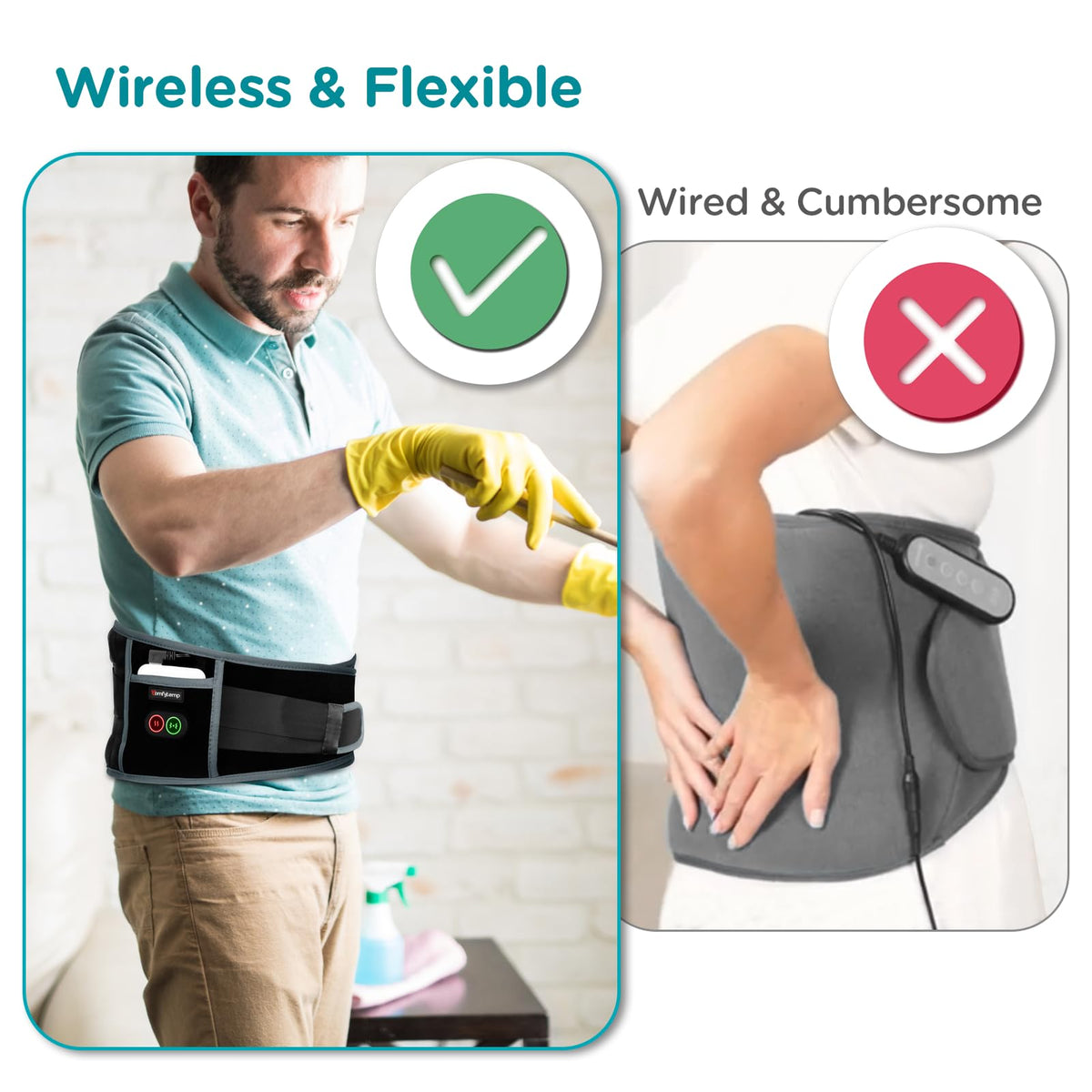 Infographic showing the three heating levels and three vibration massage patterns of the Comfytemp belt.