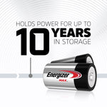 Back packaging details of Energizer D cell batteries showing the ten year shelf life assurance.