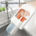Portable mini handheld mop wringing mechanism being operated hands-free to remove excess dirty water.