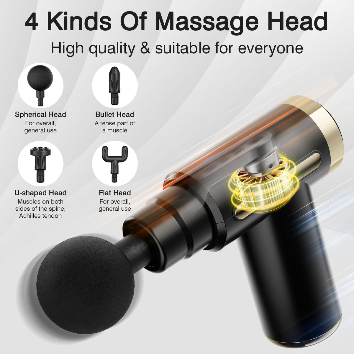 Compact travel size deep tissue massage gun next to its Type-C charging cable