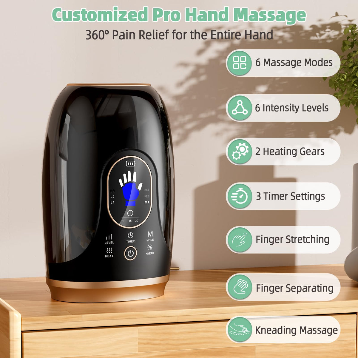 Ealken electric hand massager illustrating the interior five-finger separation slots for targeted compression therapy.
