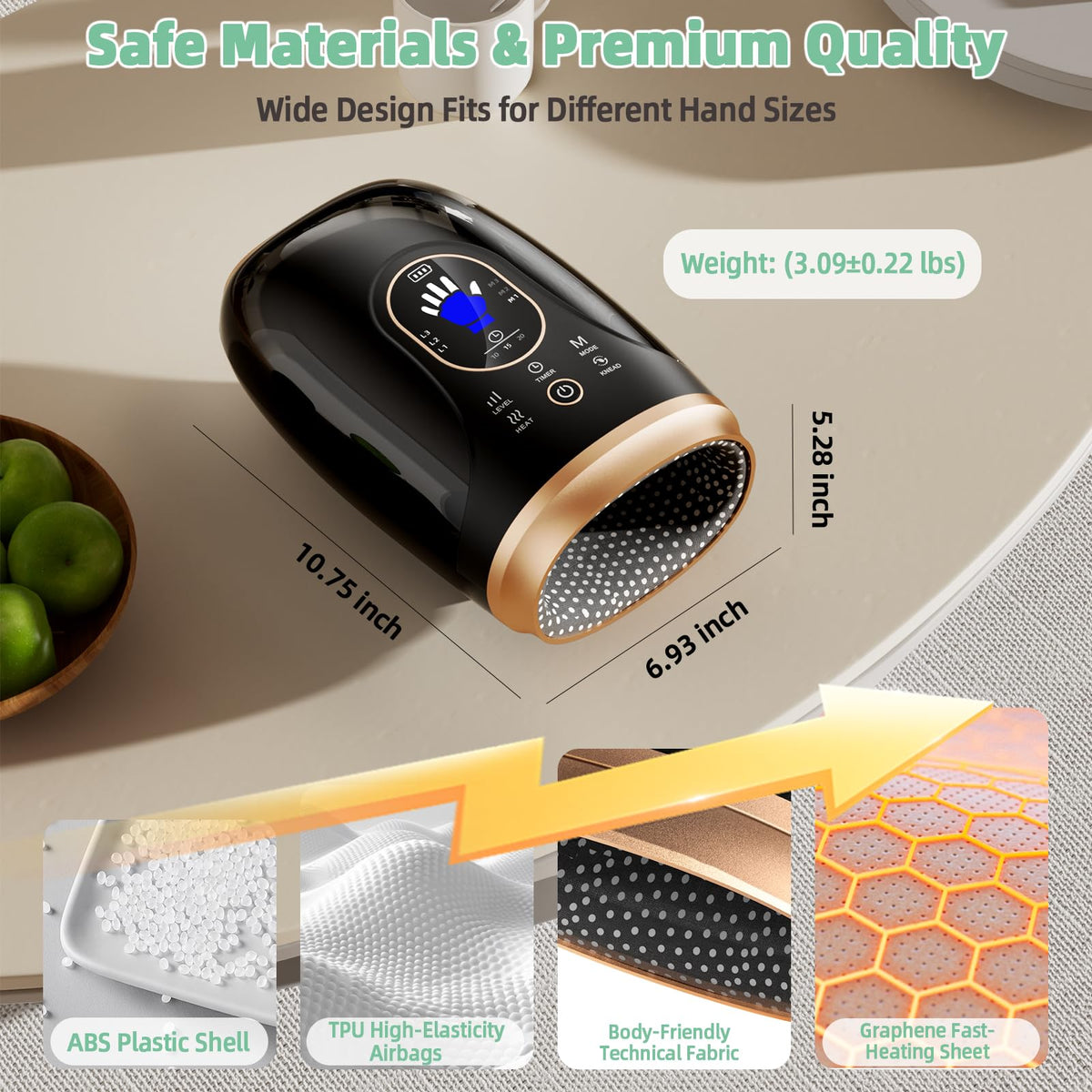 Ealken arthritis hand massager displaying the glowing thermal heating pads activating inside the palm chamber.