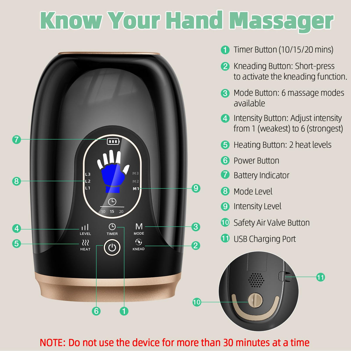 Ealken personal hand massager packaging box layout with included charging cable and user manual.