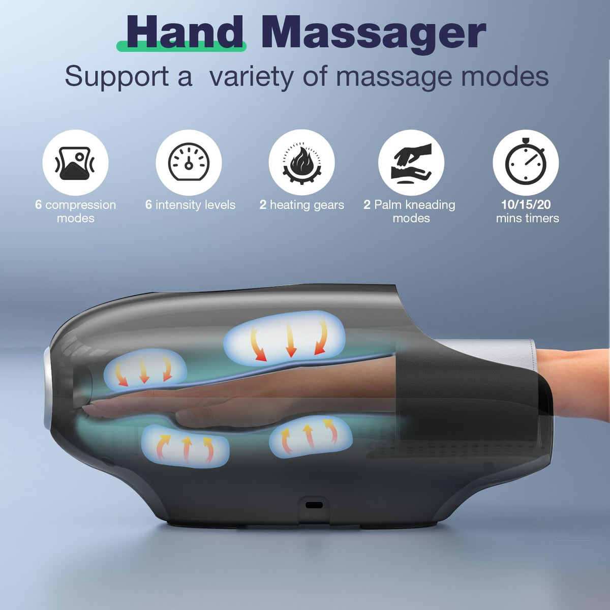 Side angle of the cordless electric hand massager illustrating the ergonomic opening for palm and wrist entry.