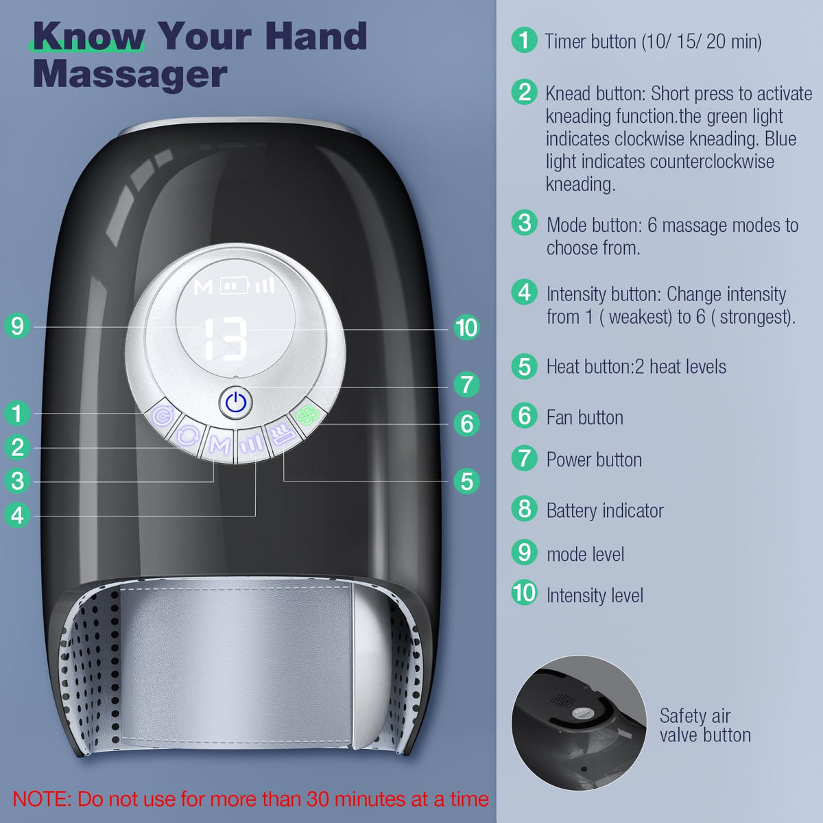 Top-down view of the compact therapeutic hand massager highlighting the lightweight design suitable for home use.