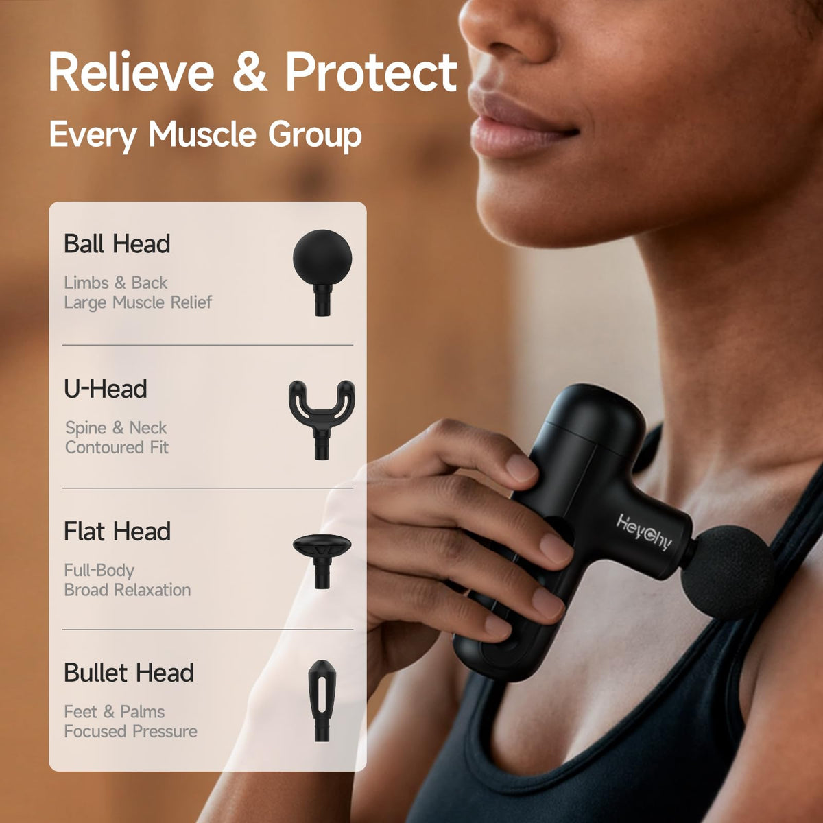 HEYCHY black deep tissue massager showing five speed indicator lights on base