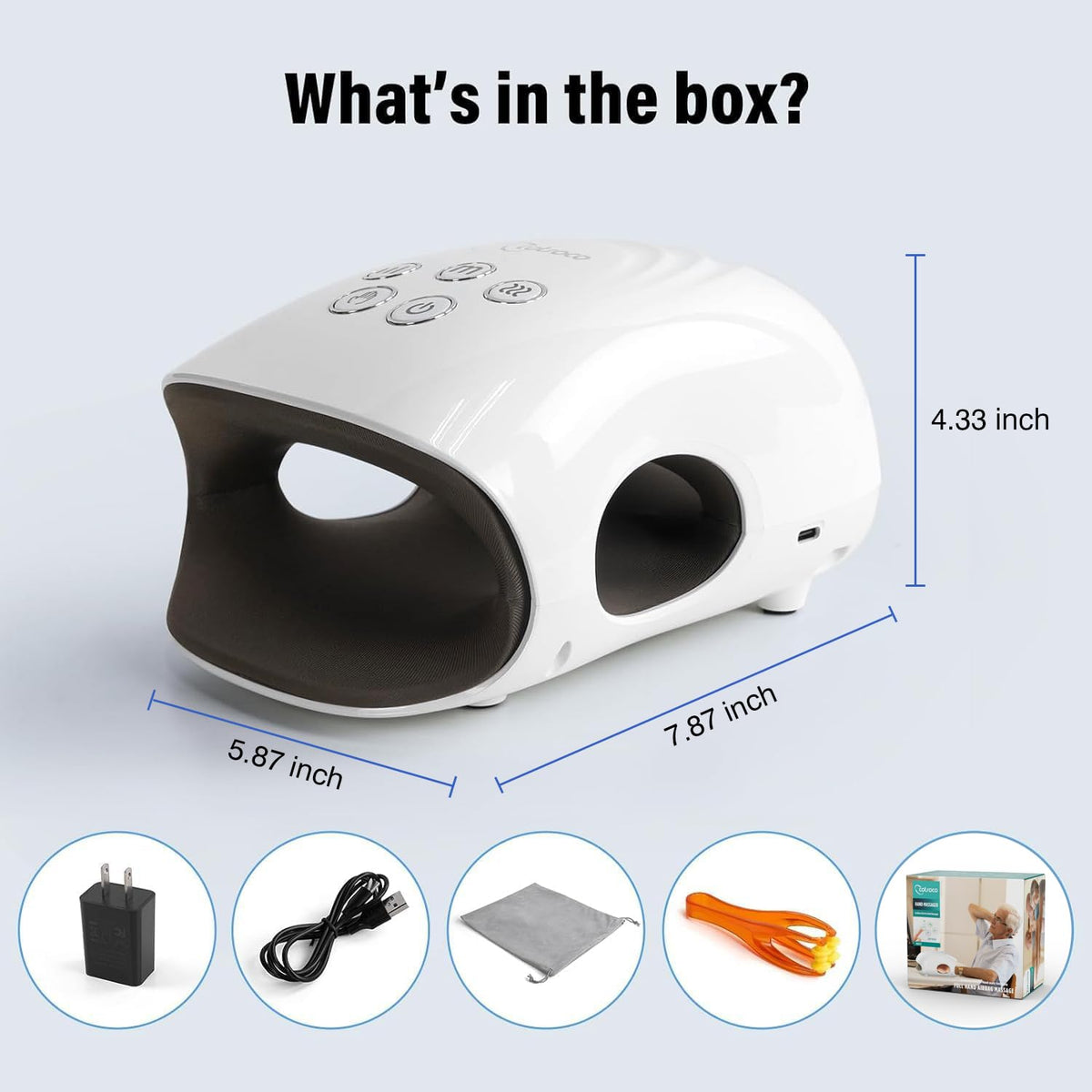 Cotsoco compression hand wellness device illustrating the three color coded intensity indicator lights
