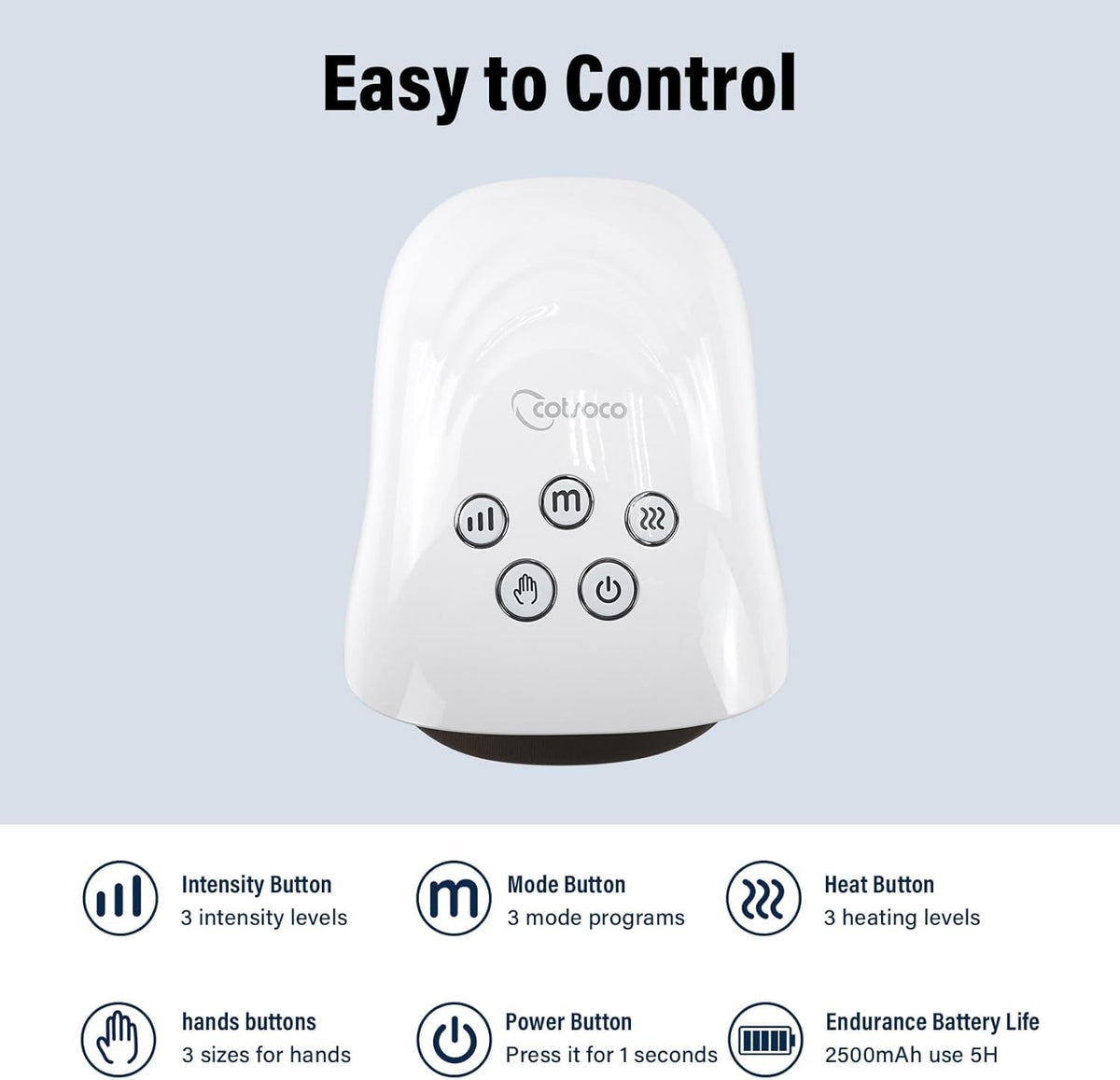 Cotsoco personal care hand compression massager resting on a table highlighting its sleek premium design