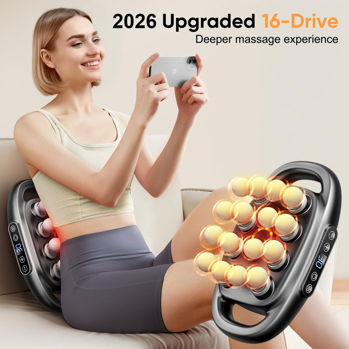 FreeSinger 16-drive percussion massager laid out with all sixteen interchangeable head attachments