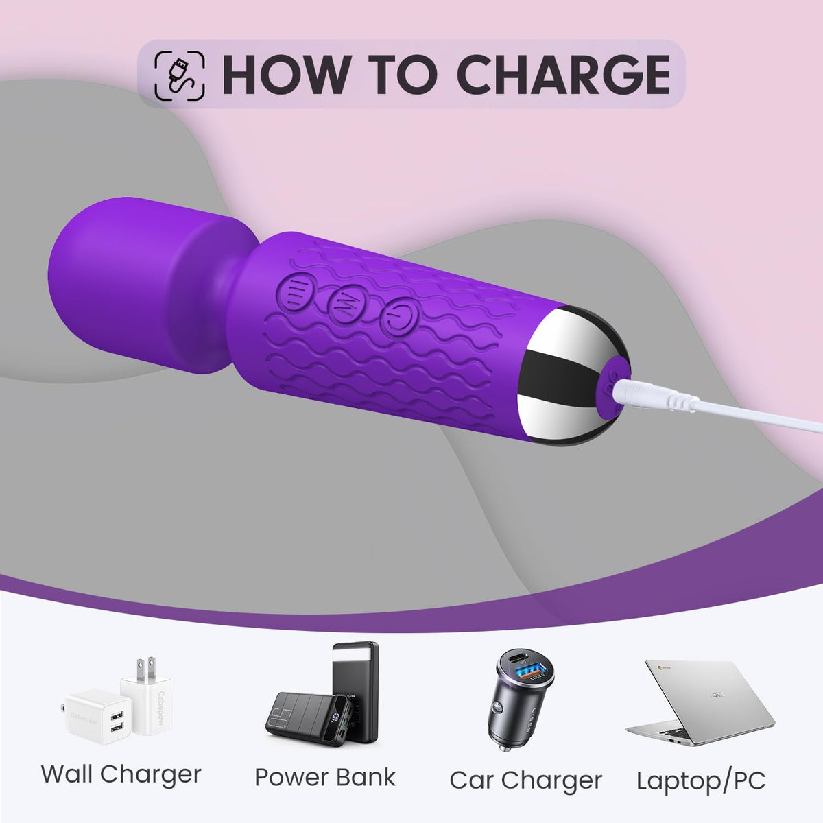JTFFER cordless rechargeable purple wand with USB charging port