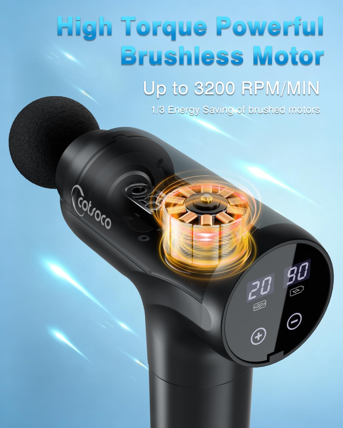 Cotsoco cordless muscle therapy device demonstrating Type-C charging port connectivity at the base of the handle