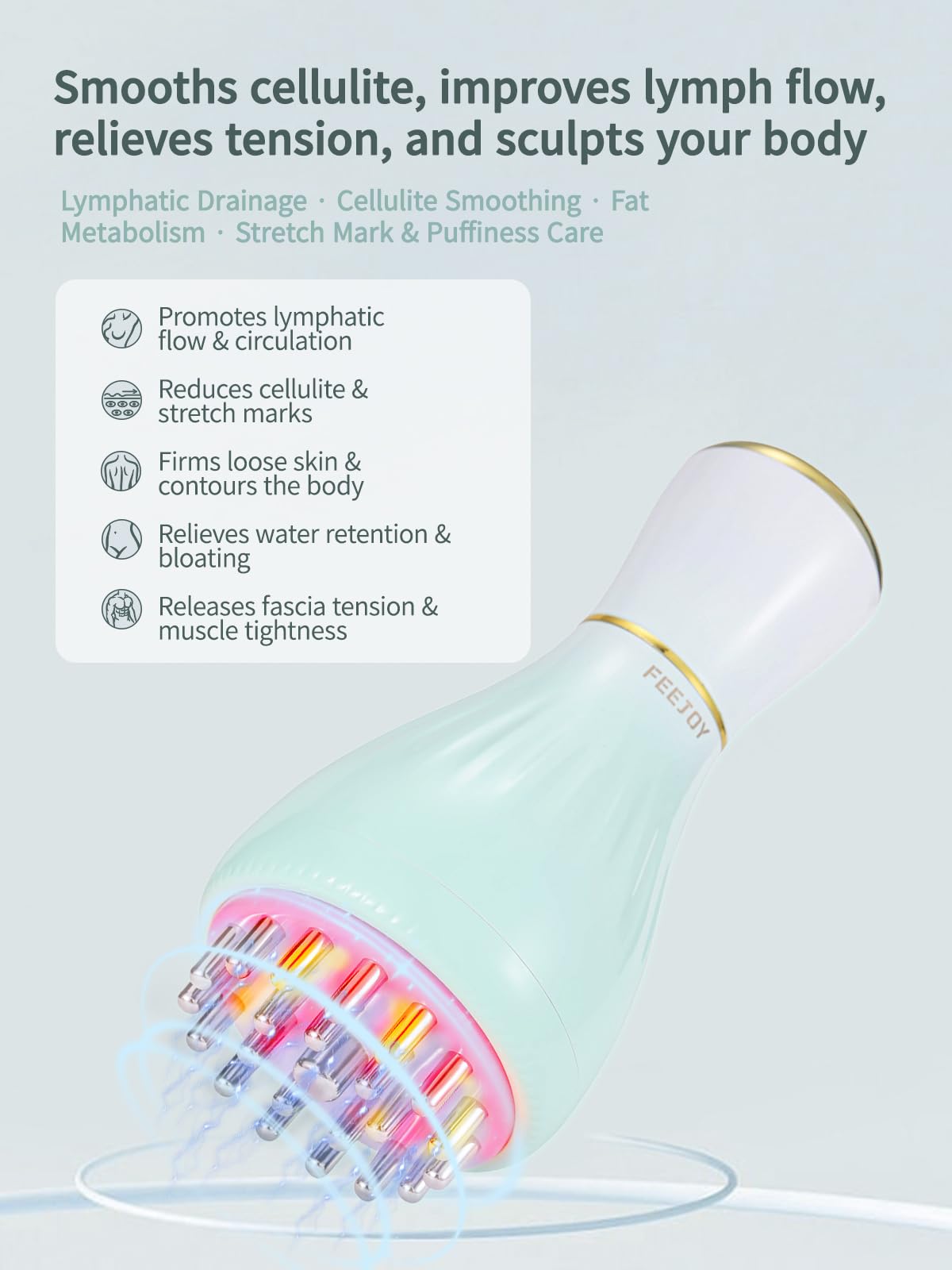 Feejoy electric massager for lymphatic drainage displaying the light emitting massage head